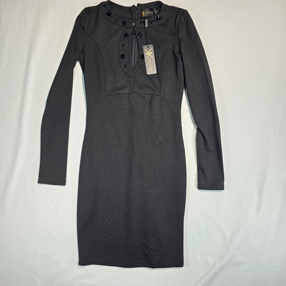 Kardashian Kollection Black Embellished Keyhole Bodycon Dress Long Sleeve XS